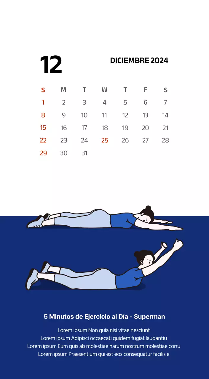 Calendario sencillo con ilustraciones limpias en azul