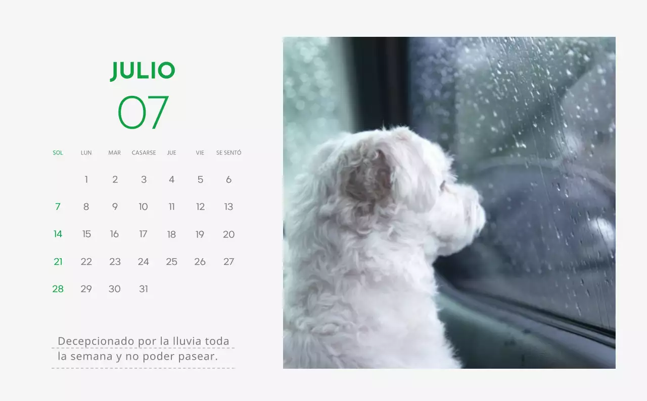 Un calendario con la imagen de un cachorro y un bonito mensaje en tonos verdes.