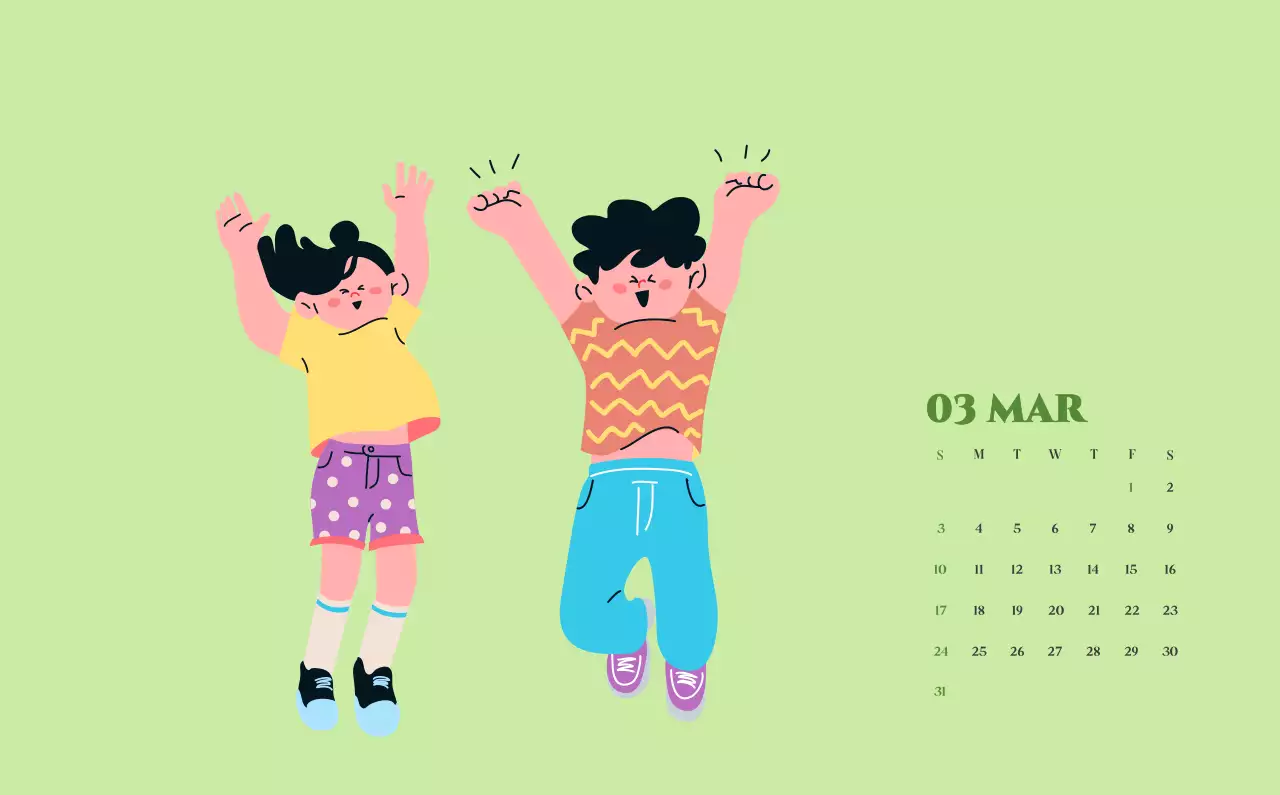 Calendario con ilustraciones juveniles sobre fondo amarillo y verde