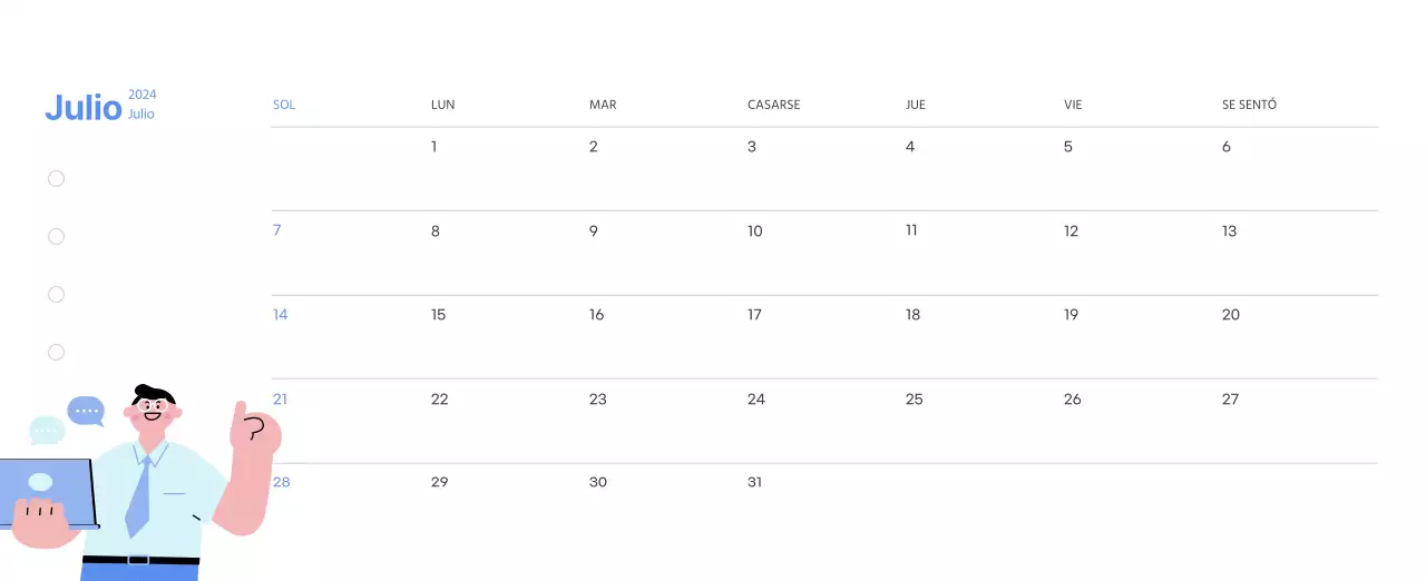 Calendario motivacional con ilustraciones llenas de energía y citas positivas sobre fondo azul claro