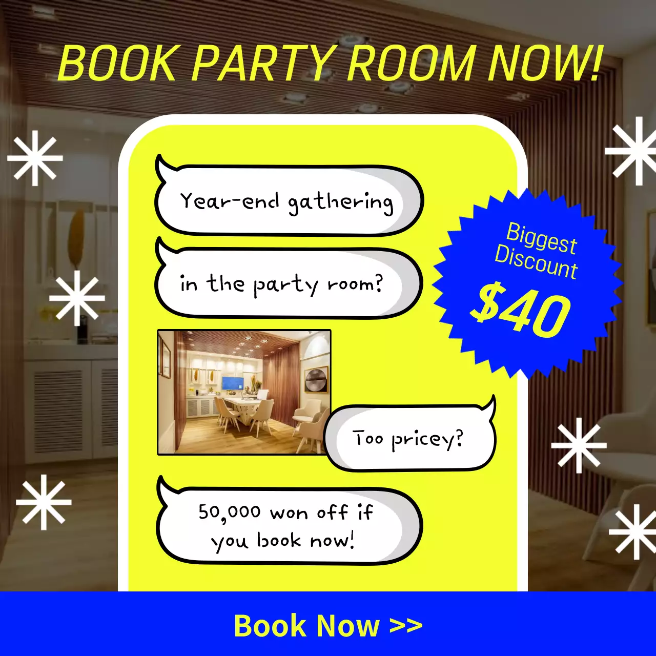 A simple blue and yellow holiday party room booking discount ad