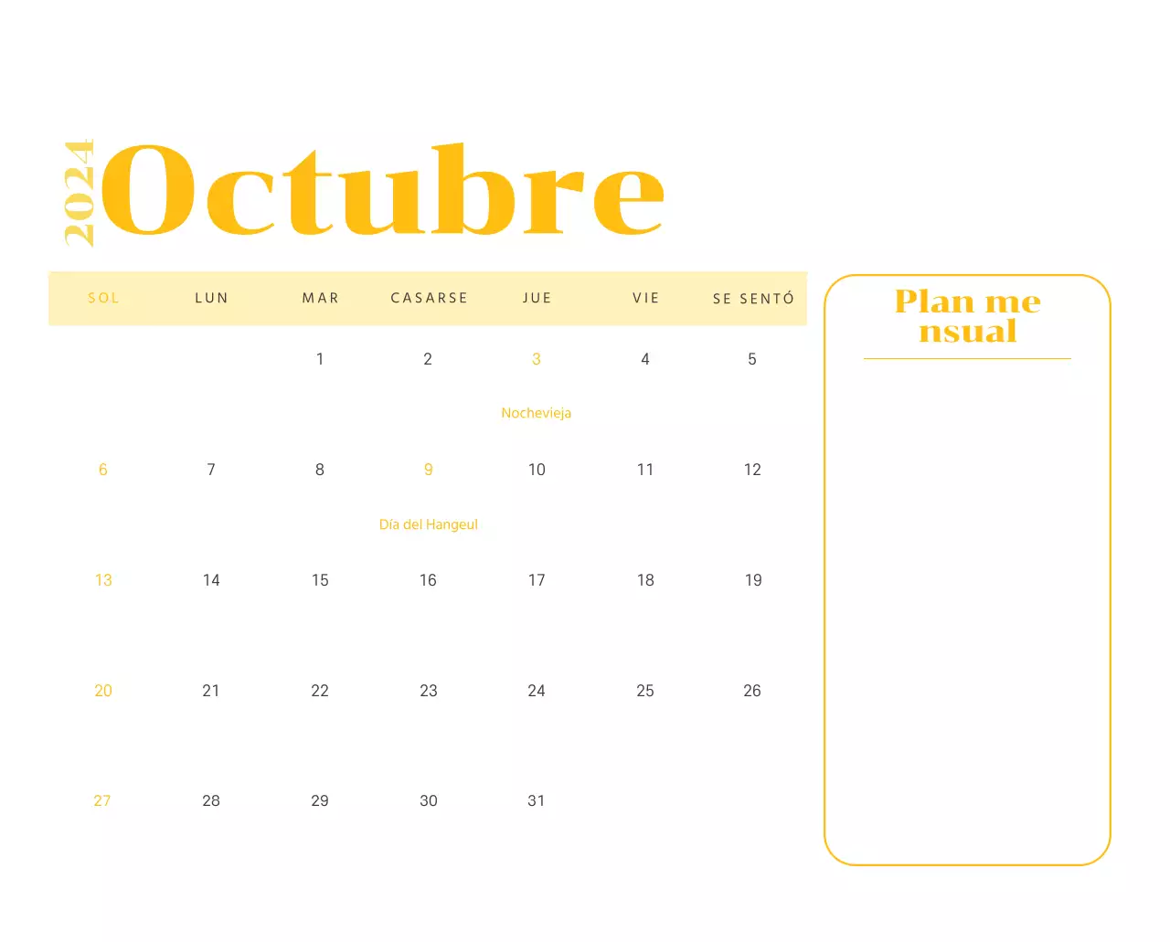 Calendario con ilustraciones juveniles sobre fondo amarillo y verde