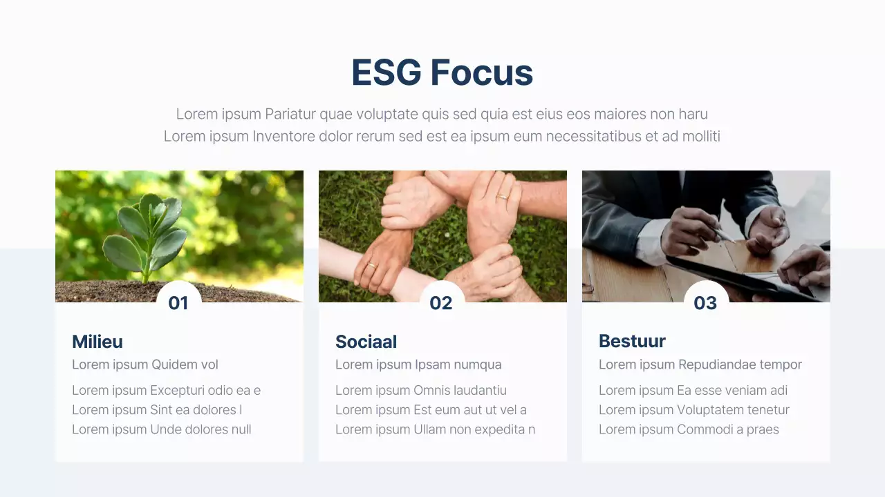 Een eenvoudig ESG-rapport in marineblauw en lichtblauw