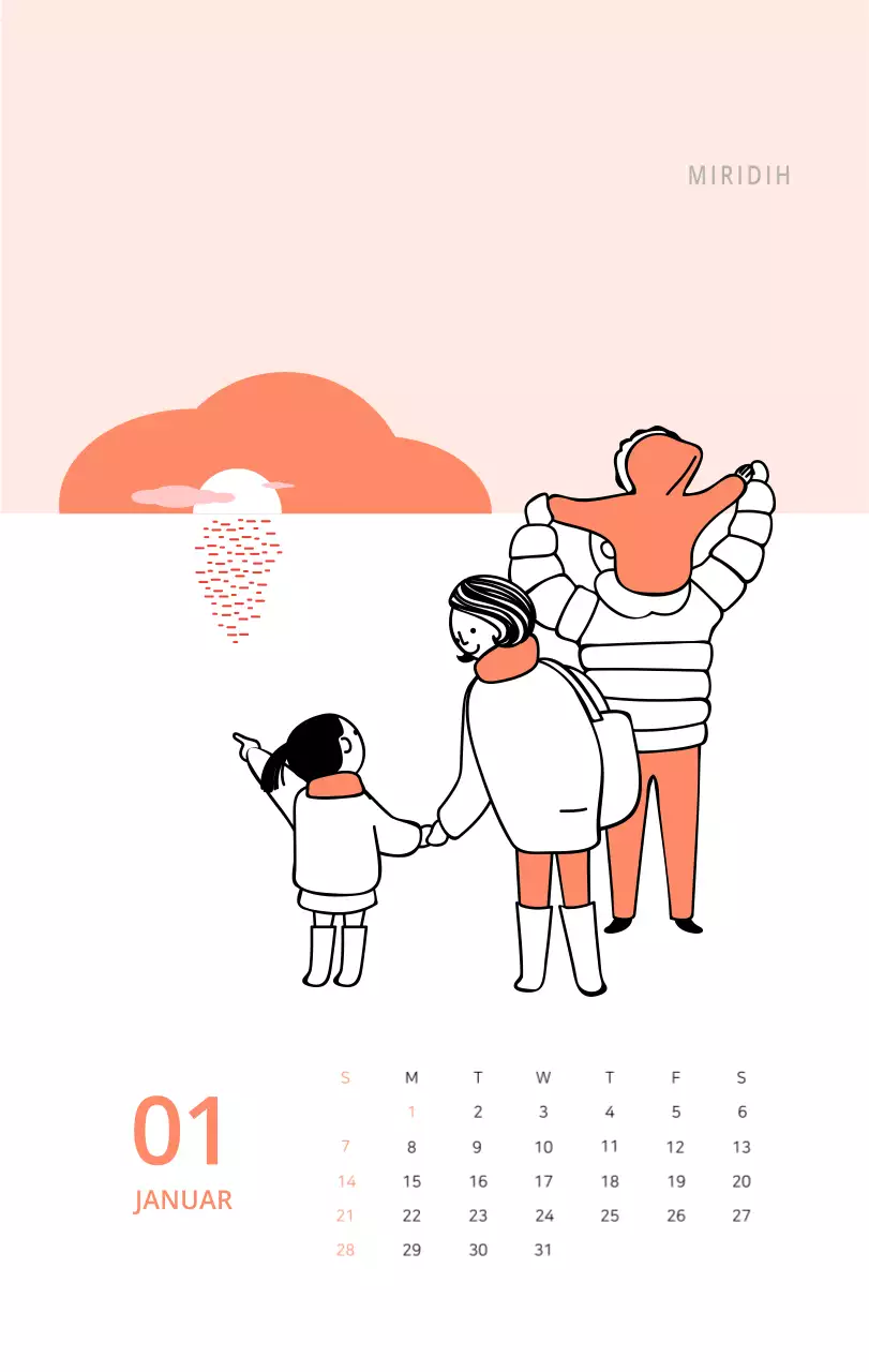 Niedlich illustrierter grüner Tischkalender mit Familienthemen