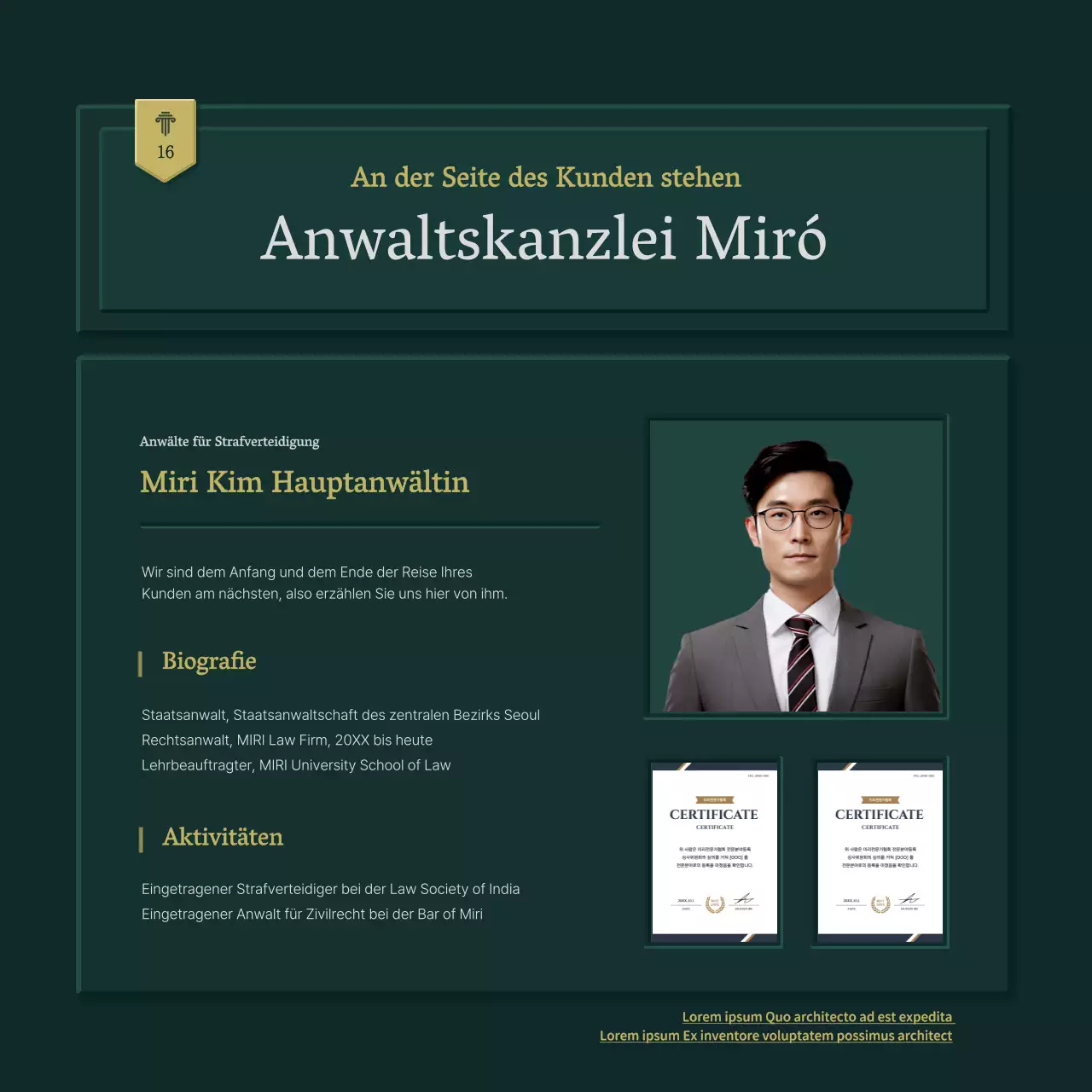 Einfaches Firmenprofil einer Anwaltskanzlei in grün und gelb