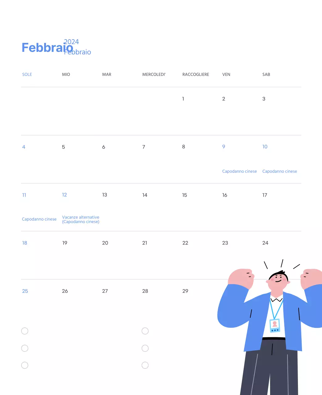 Calendario motivazionale con illustrazioni energetiche e citazioni positive su sfondo azzurro