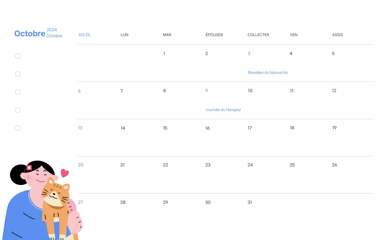 Calendrier de motivation avec des illustrations énergiques et des citations positives sur un fond bleu clair