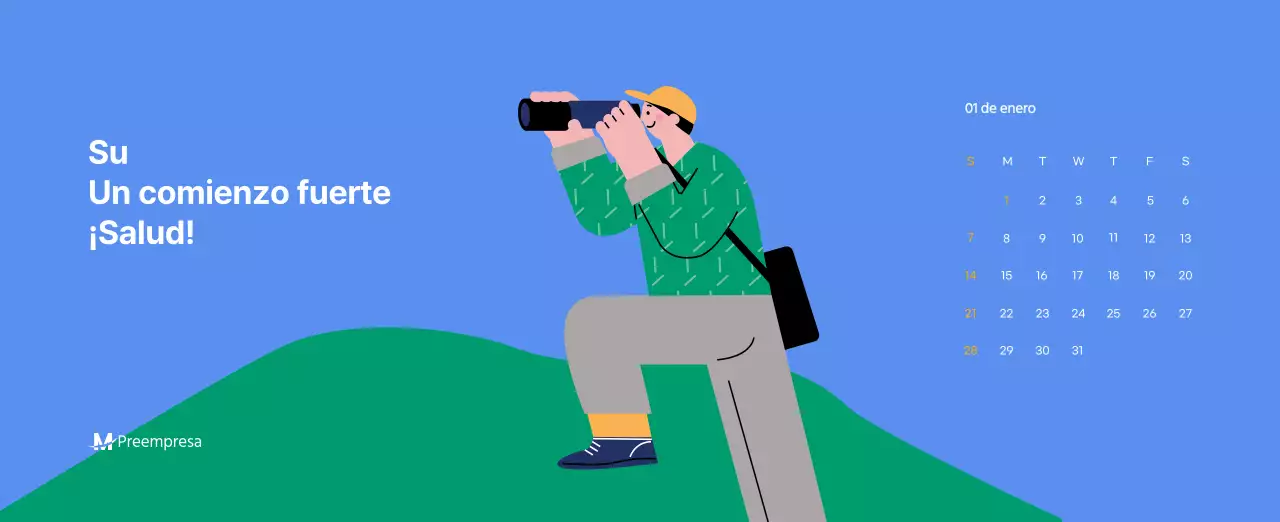 Calendario motivacional con ilustraciones llenas de energía y citas positivas sobre fondo azul claro