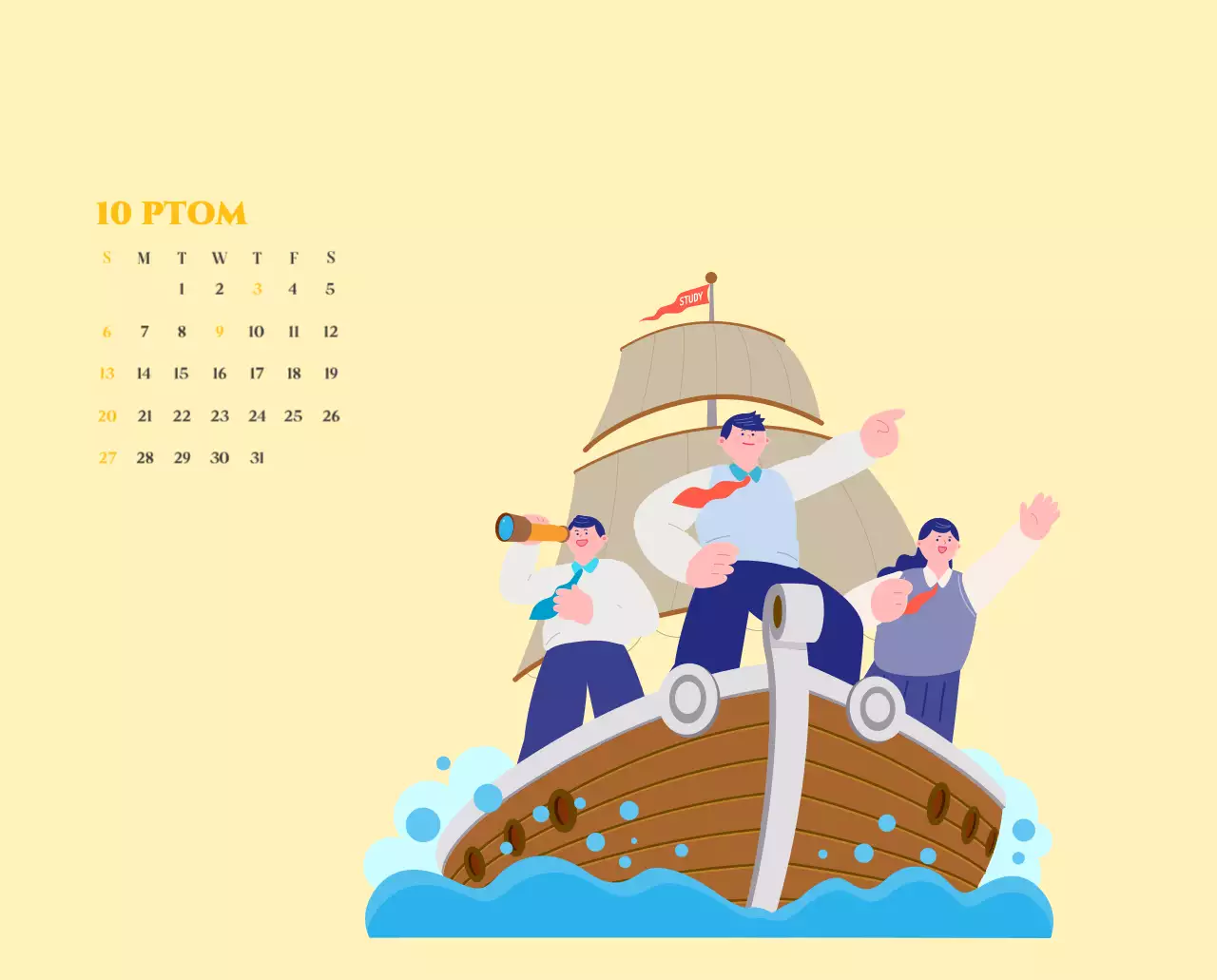 Calendrier avec illustrations de jeunes sur fond jaune et vert