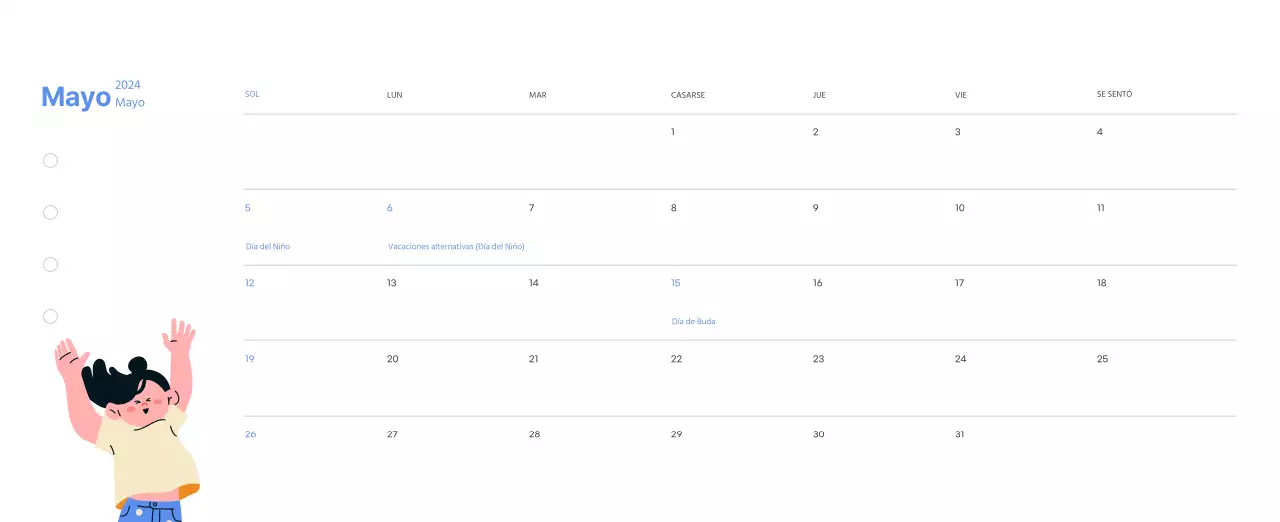 Calendario motivacional con ilustraciones llenas de energía y citas positivas sobre fondo azul claro