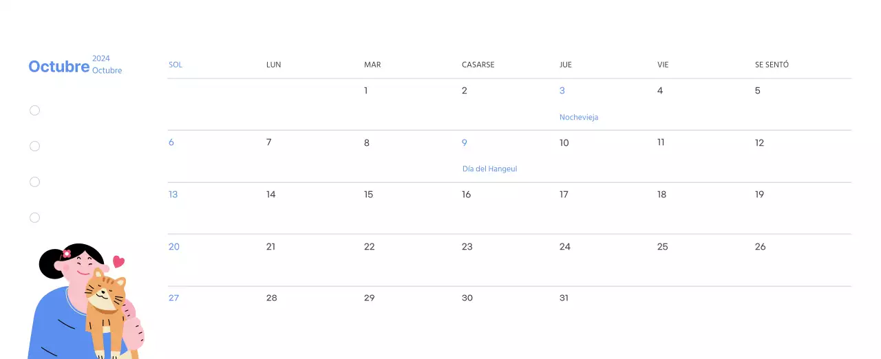 Calendario motivacional con ilustraciones llenas de energía y citas positivas sobre fondo azul claro