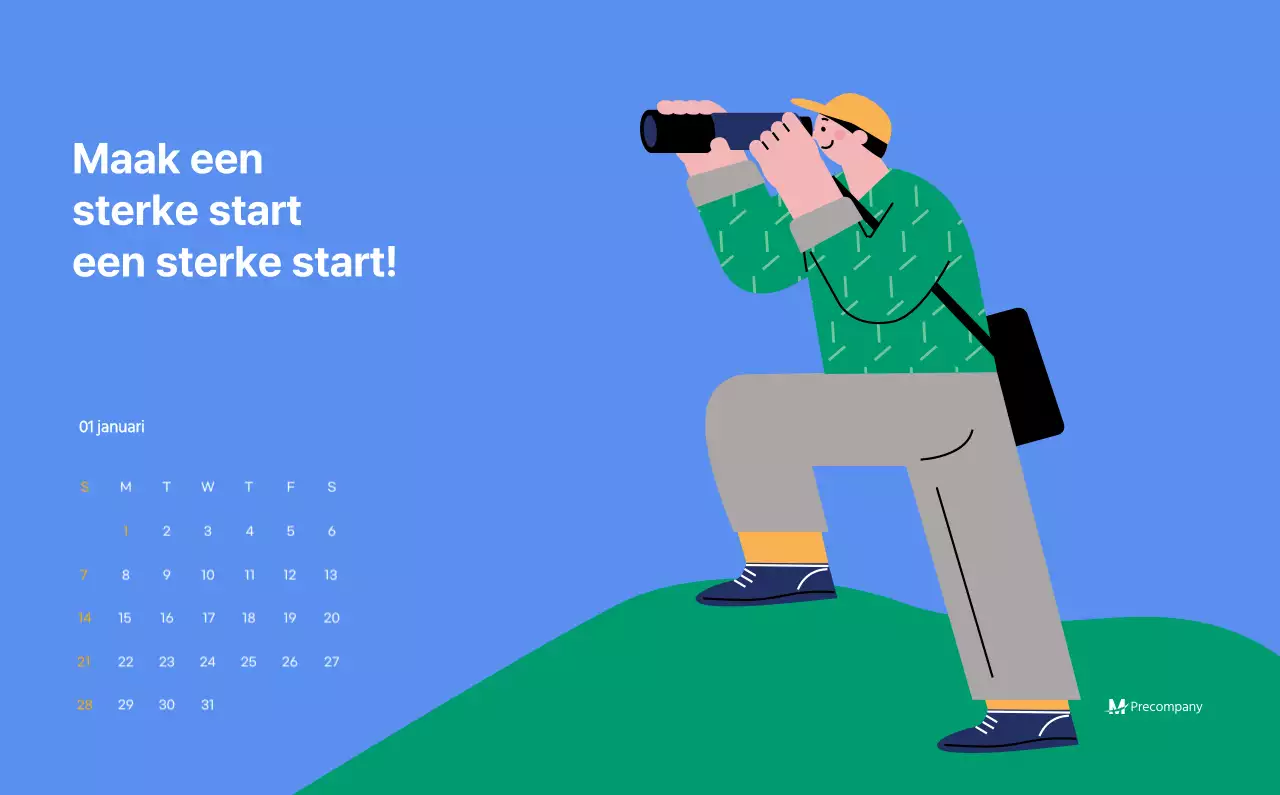 Motiverende kalender met energieke illustraties en positieve citaten op een lichtblauwe achtergrond