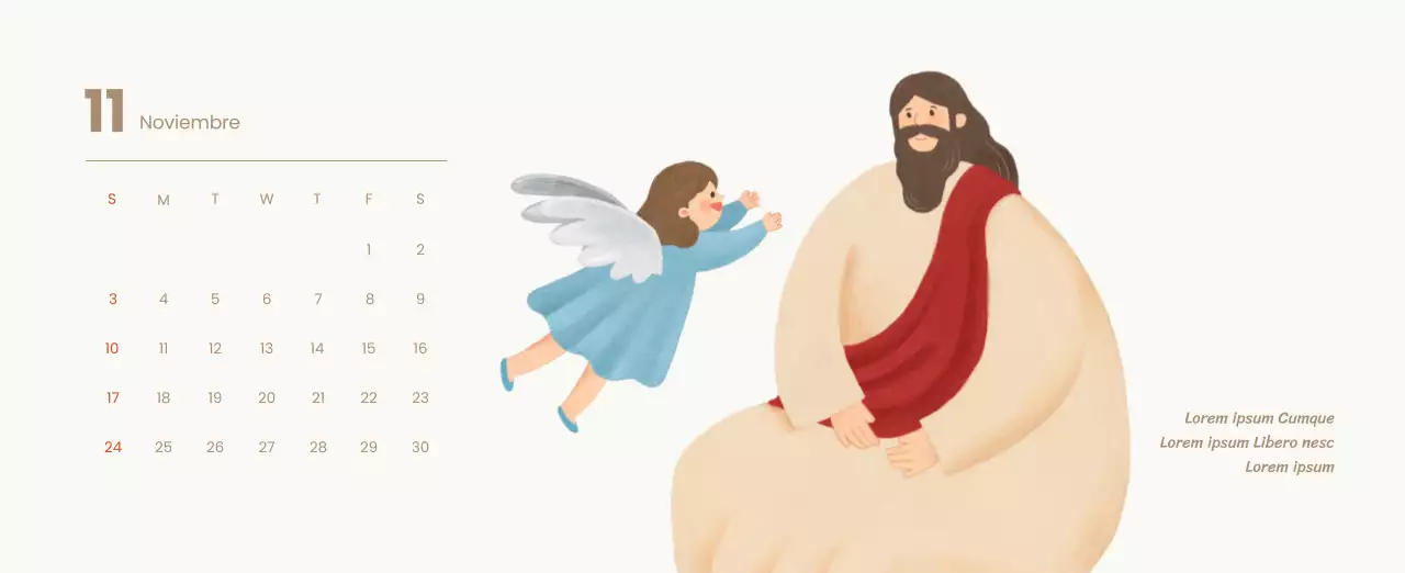 Un calendario devocional con acogedoras ilustraciones y versículos bíblicos sobre fondo azul claro