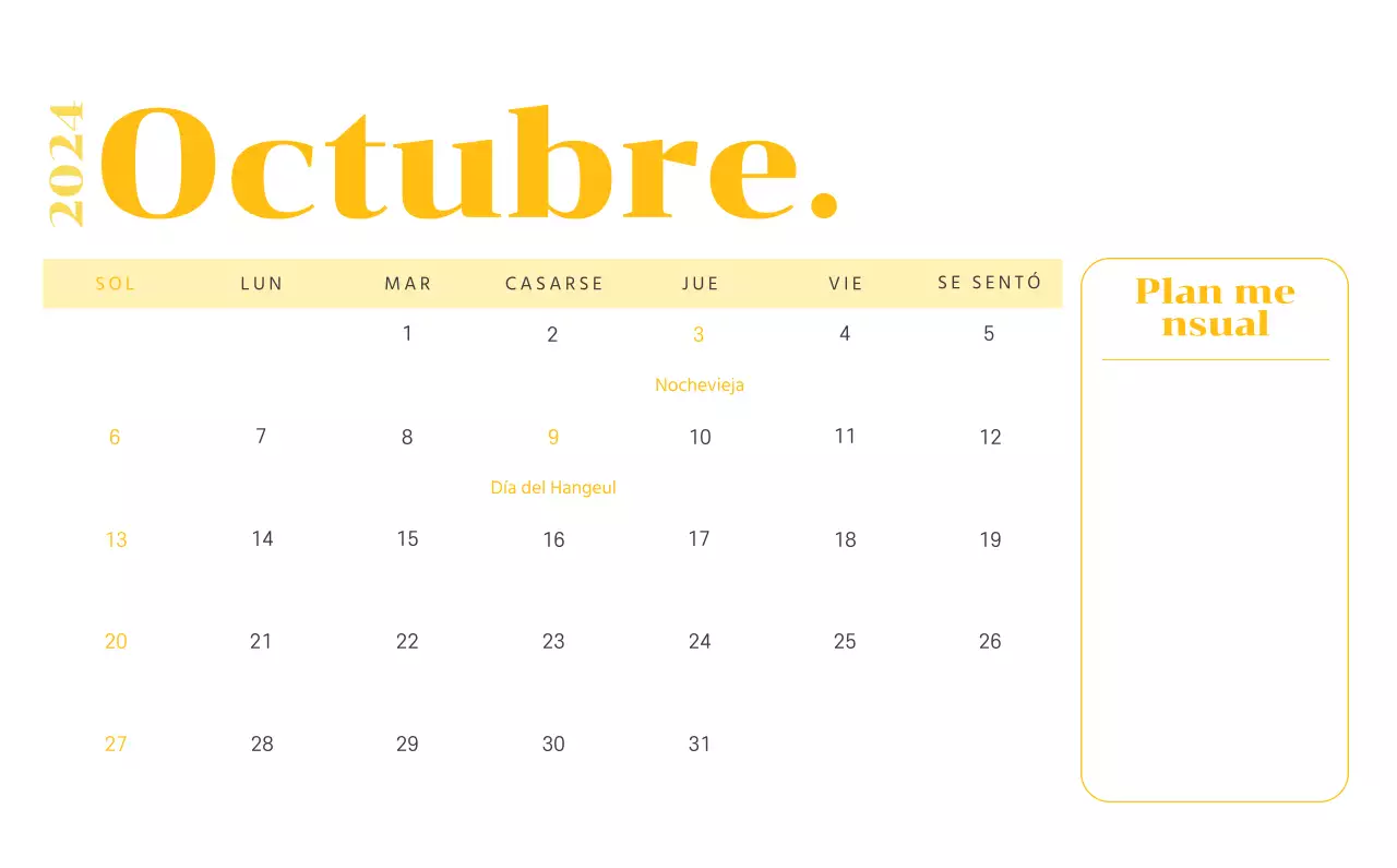 Calendario con ilustraciones juveniles sobre fondo amarillo y verde