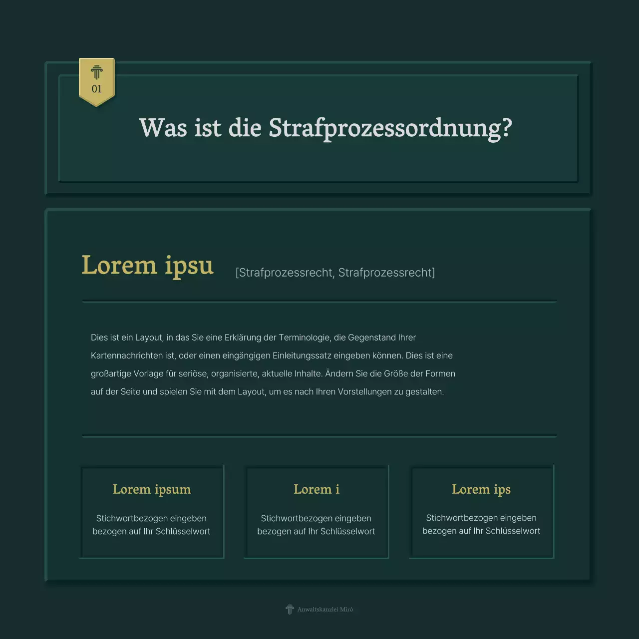 Einfaches Firmenprofil einer Anwaltskanzlei in grün und gelb