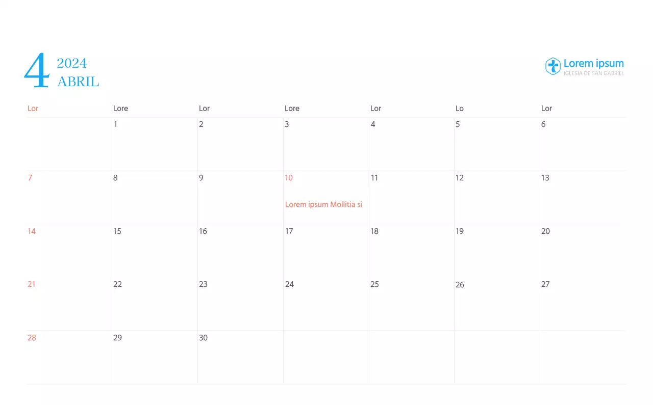 Calendario eclesiástico azul de concepto moderno
