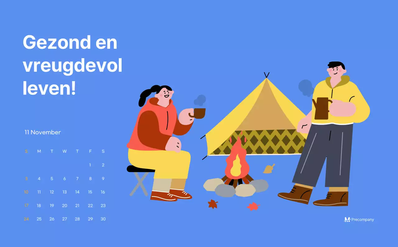 Motiverende kalender met energieke illustraties en positieve citaten op een lichtblauwe achtergrond