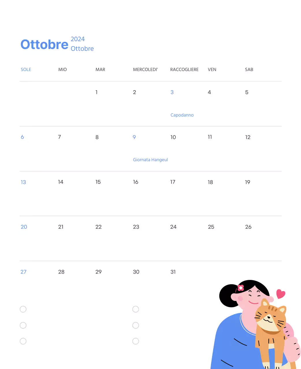 Calendario motivazionale con illustrazioni energetiche e citazioni positive su sfondo azzurro