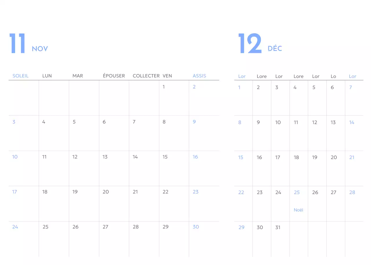 Calendrier de suivi des objectifs avec accents bleus
