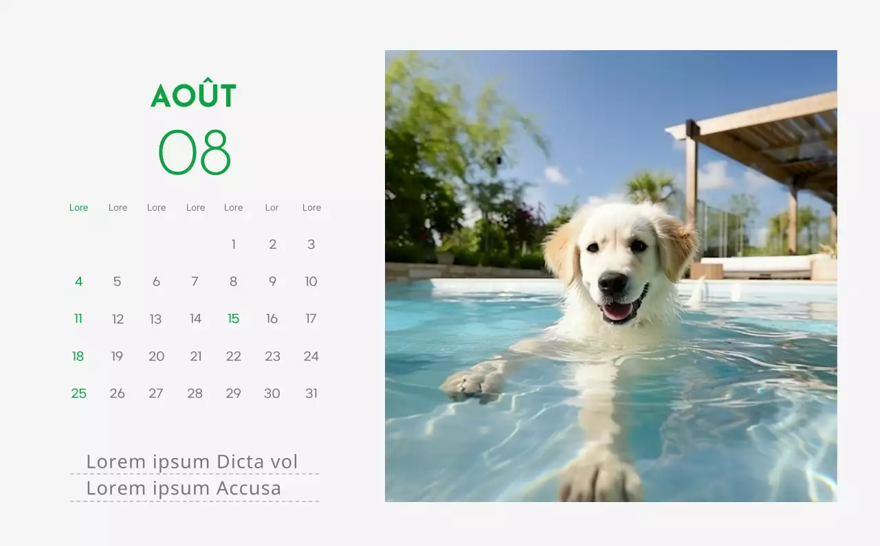 Un calendrier avec la photo d'un chiot et un message mignon aux accents verts.