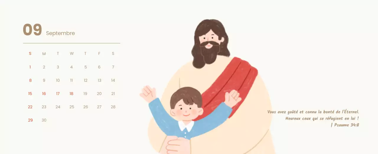 Un calendrier dévotionnel avec des illustrations douces et des versets bibliques sur un fond bleu clair.