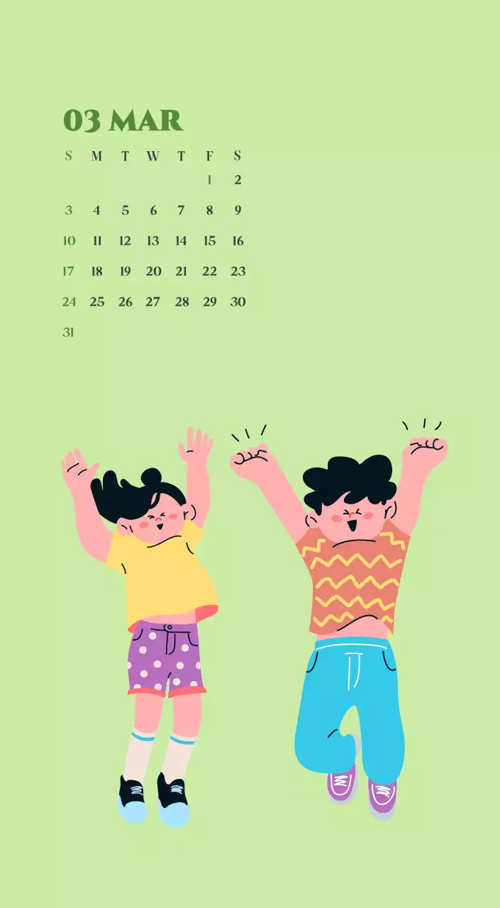 Calendar with youth illustrations on a yellow and green background