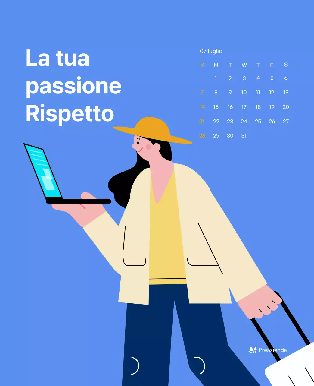 Calendario motivazionale con illustrazioni energetiche e citazioni positive su sfondo azzurro