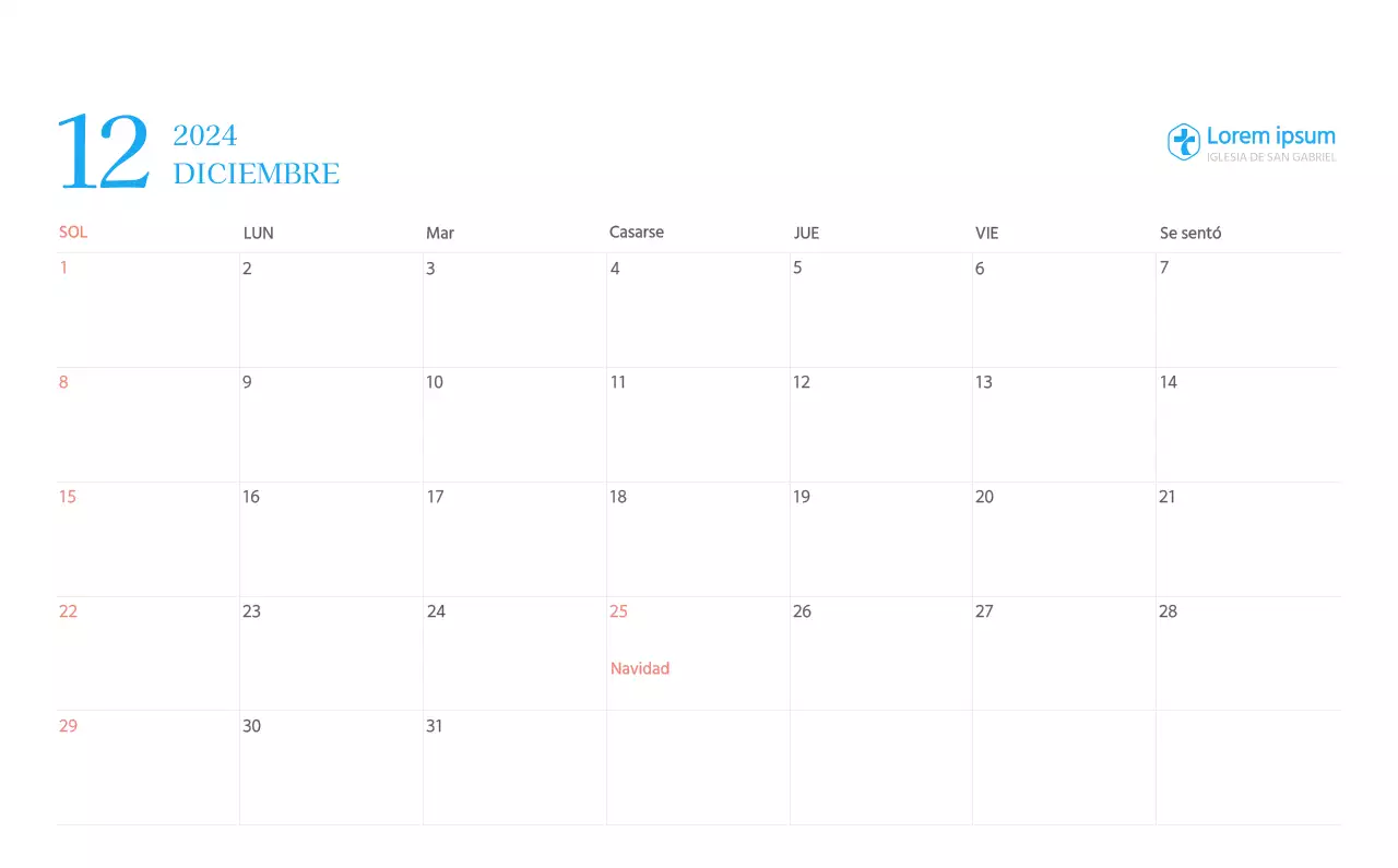 Calendario eclesiástico azul de concepto moderno