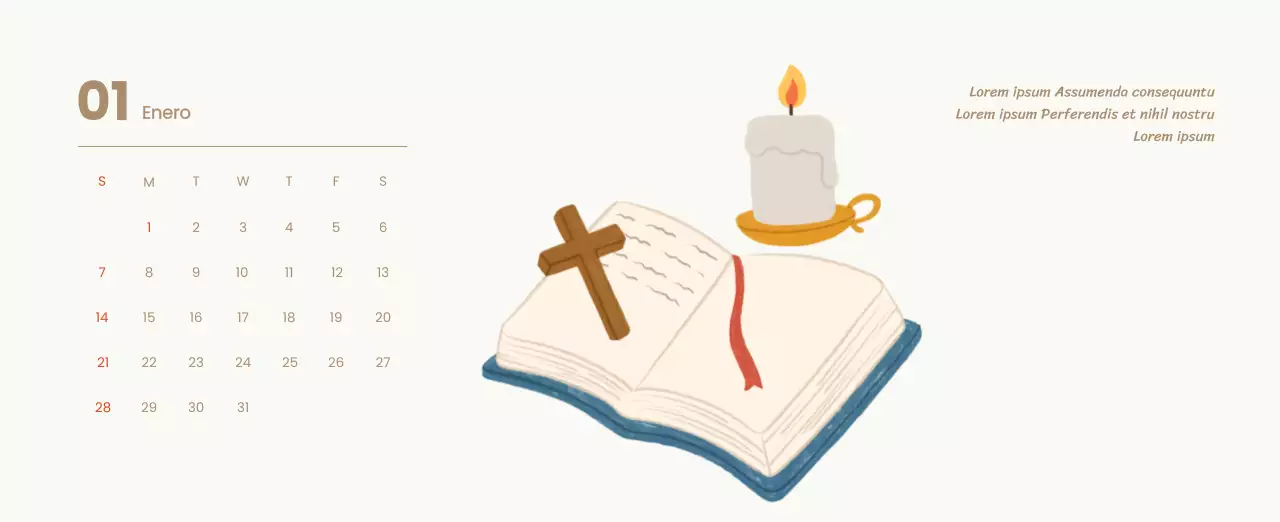 Un calendario devocional con acogedoras ilustraciones y versículos bíblicos sobre fondo azul claro