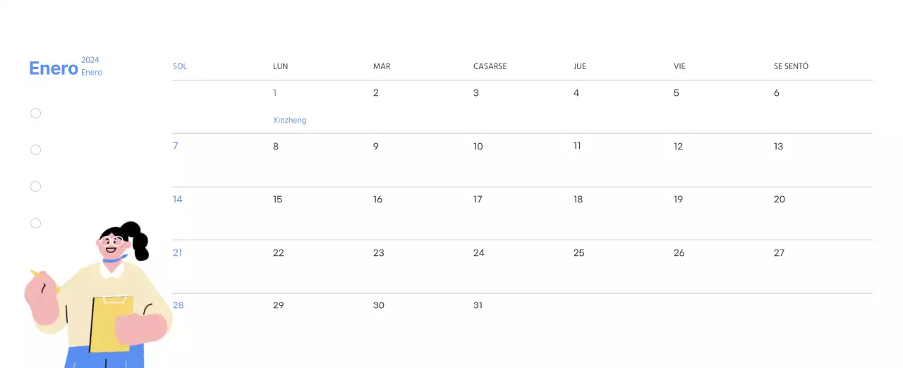Calendario motivacional con ilustraciones llenas de energía y citas positivas sobre fondo azul claro