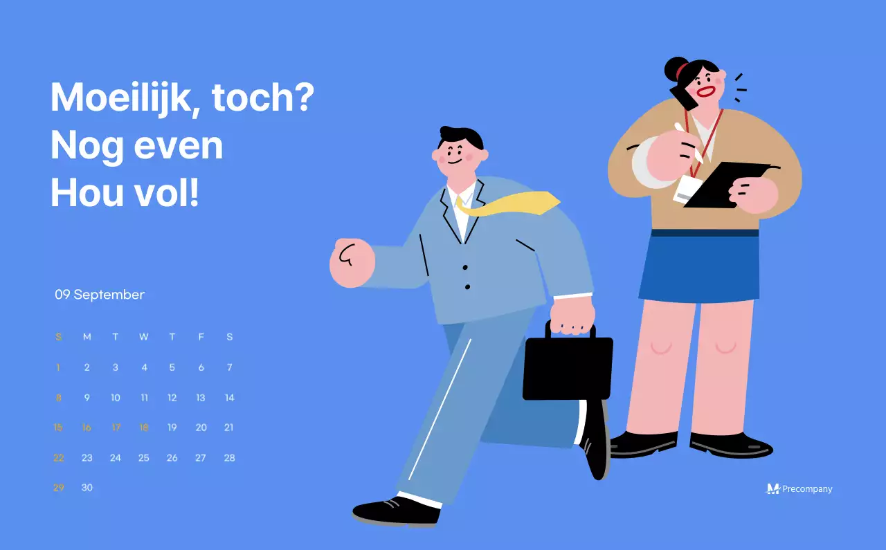 Motiverende kalender met energieke illustraties en positieve citaten op een lichtblauwe achtergrond