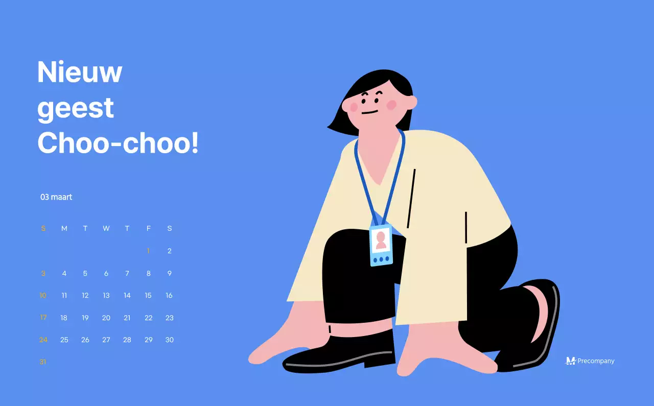 Motiverende kalender met energieke illustraties en positieve citaten op een lichtblauwe achtergrond