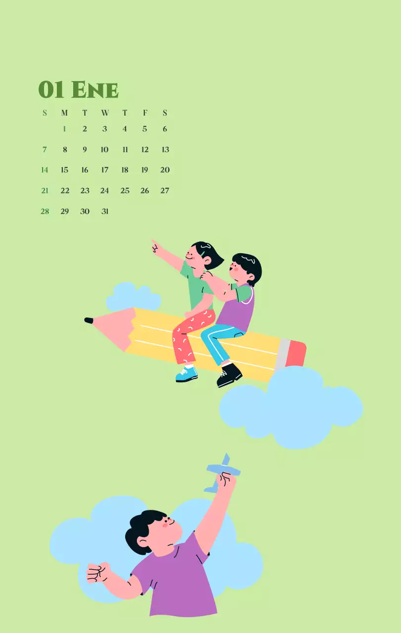 Calendario con ilustraciones juveniles sobre fondo amarillo y verde