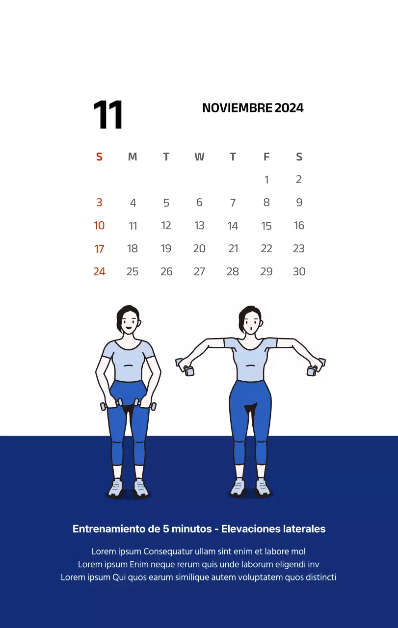 Calendario sencillo con ilustraciones limpias en azul