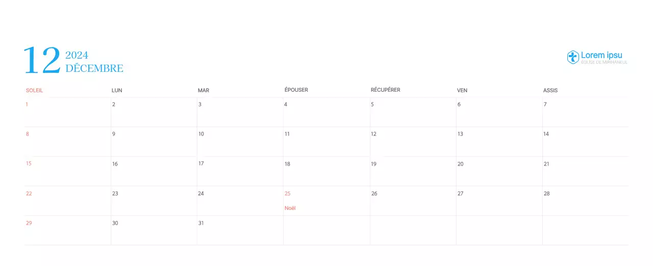 Calendrier d'église moderne bleu
