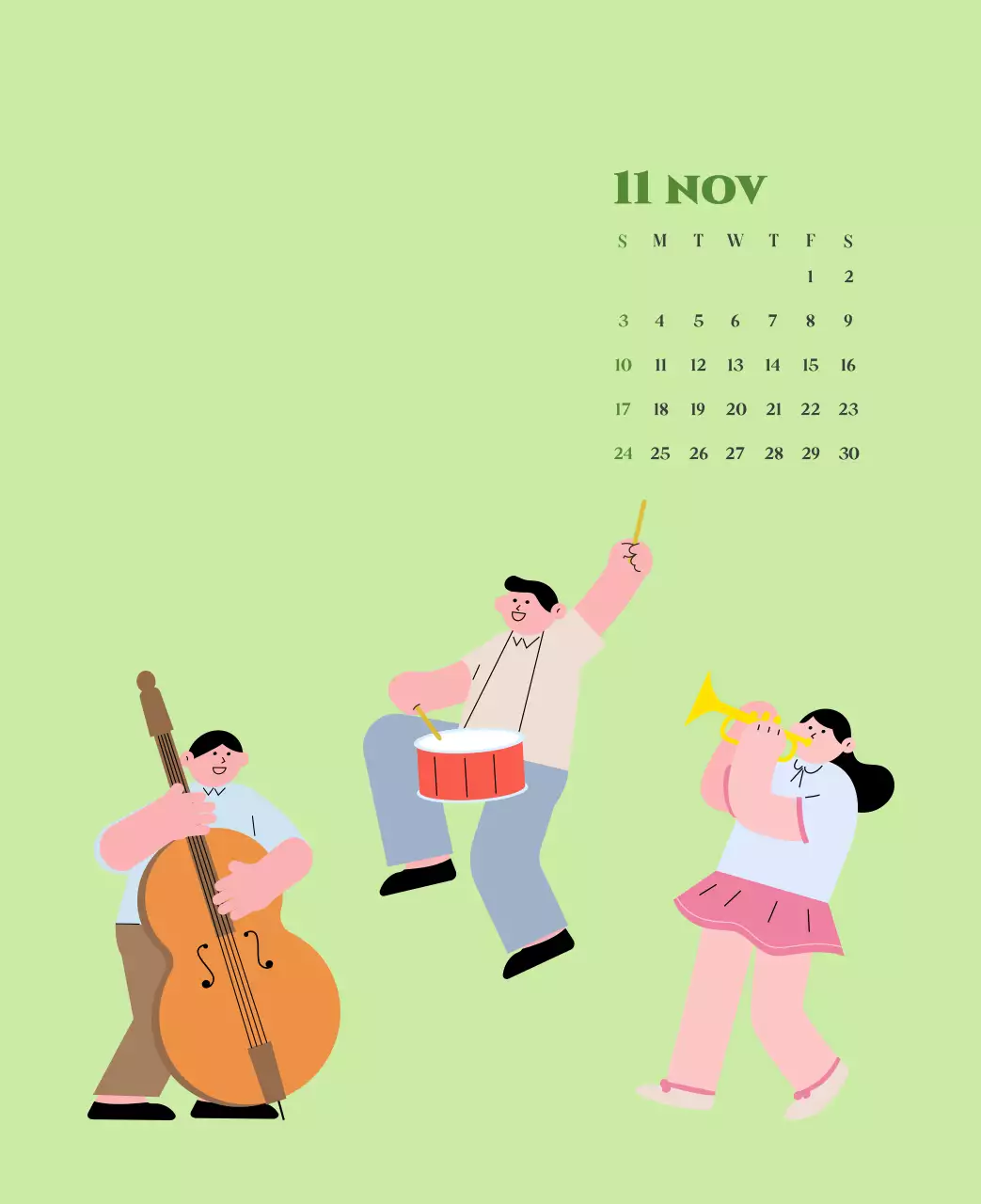 Calendario con illustrazioni giovanili su sfondo giallo e verde