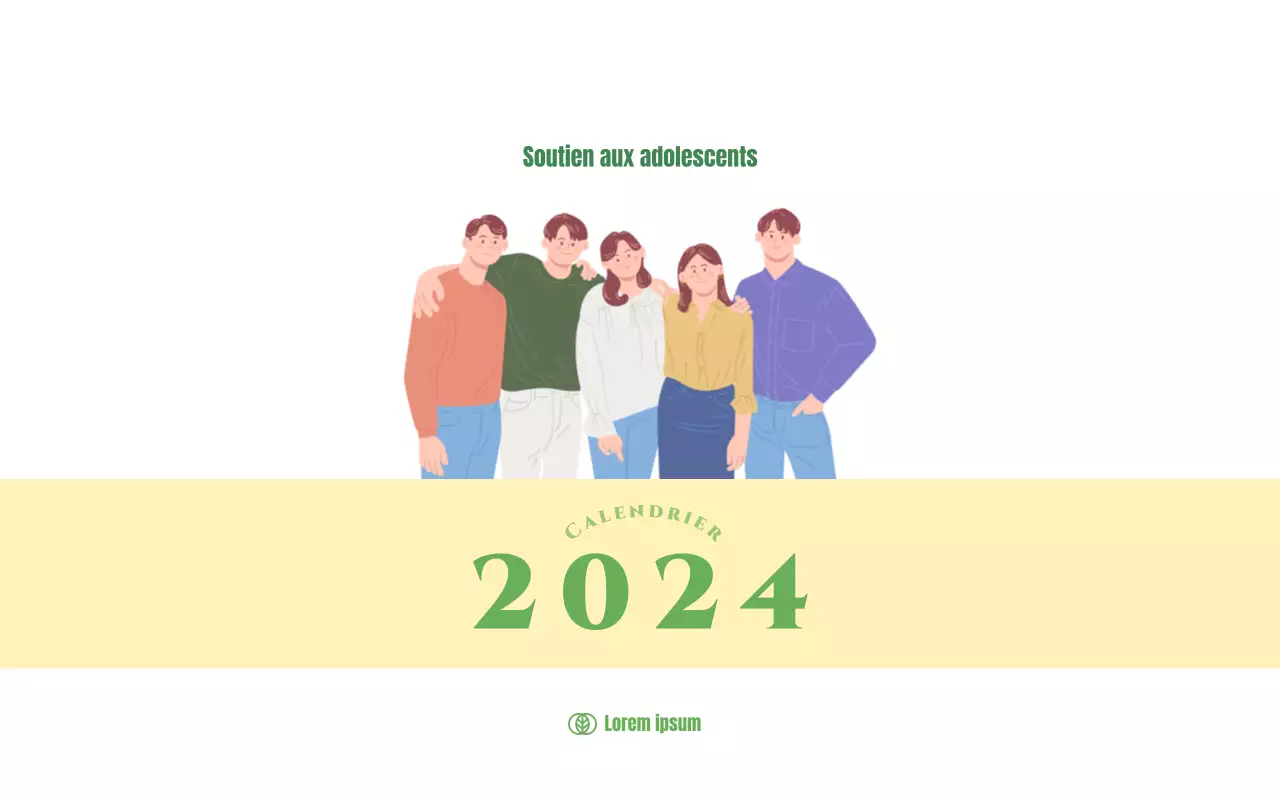 Calendrier avec illustrations de jeunes sur fond jaune et vert