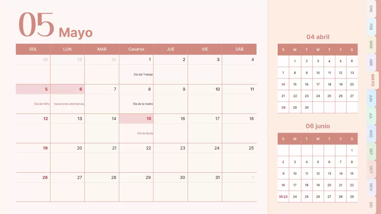 Calendario clásico en rosa y azul claro