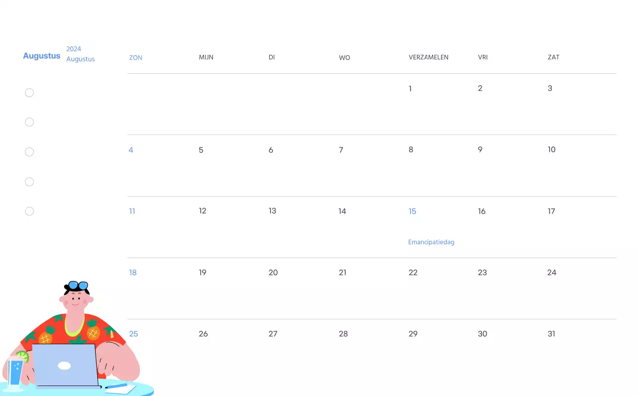 Motiverende kalender met energieke illustraties en positieve citaten op een lichtblauwe achtergrond