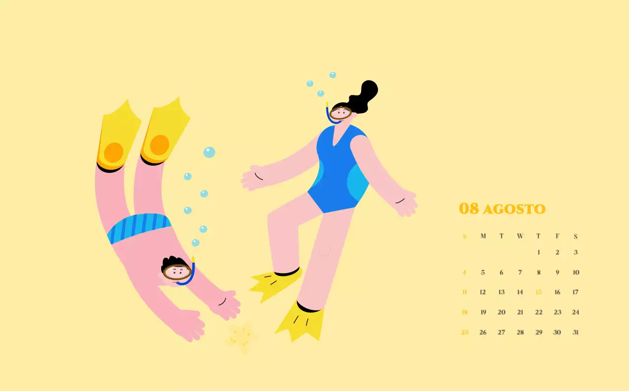 Calendario con ilustraciones juveniles sobre fondo amarillo y verde