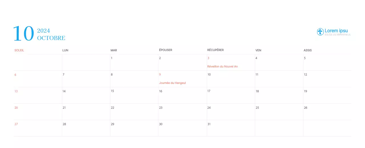 Calendrier d'église moderne bleu