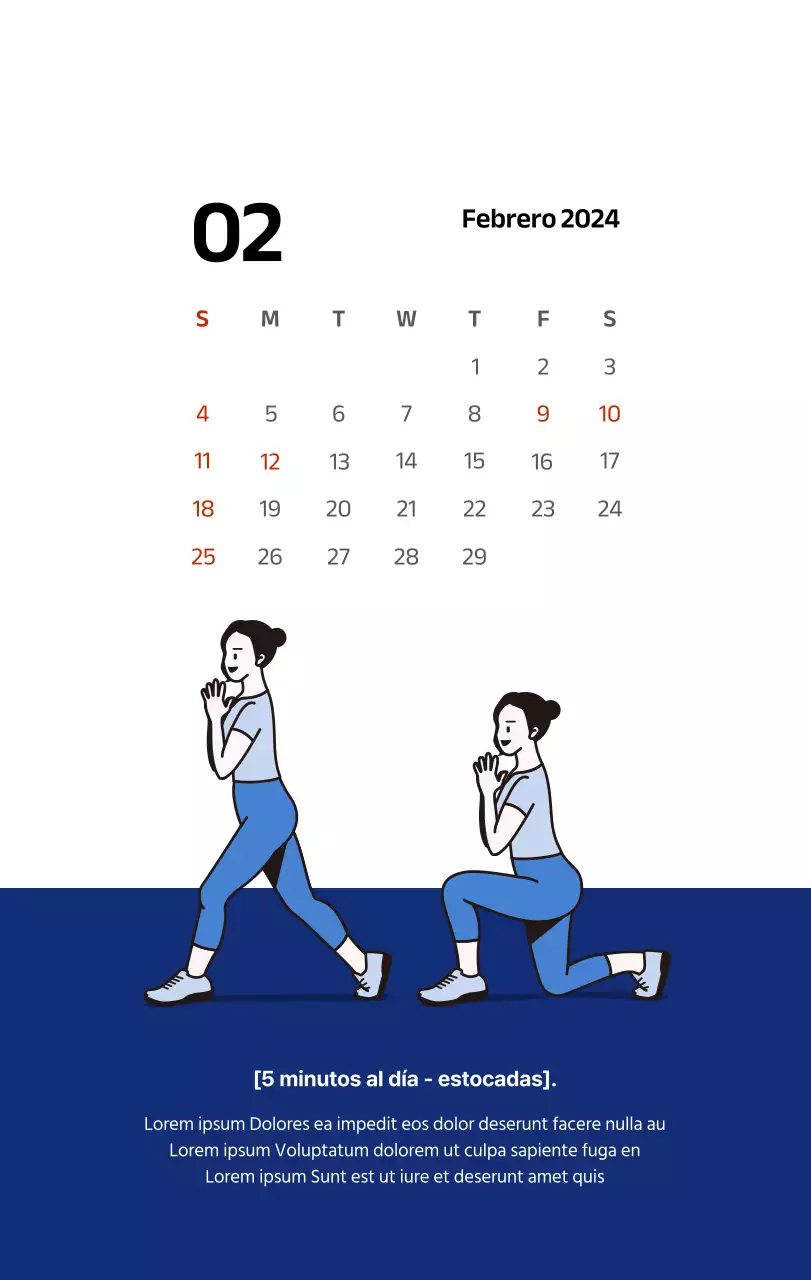Calendario sencillo con ilustraciones limpias en azul