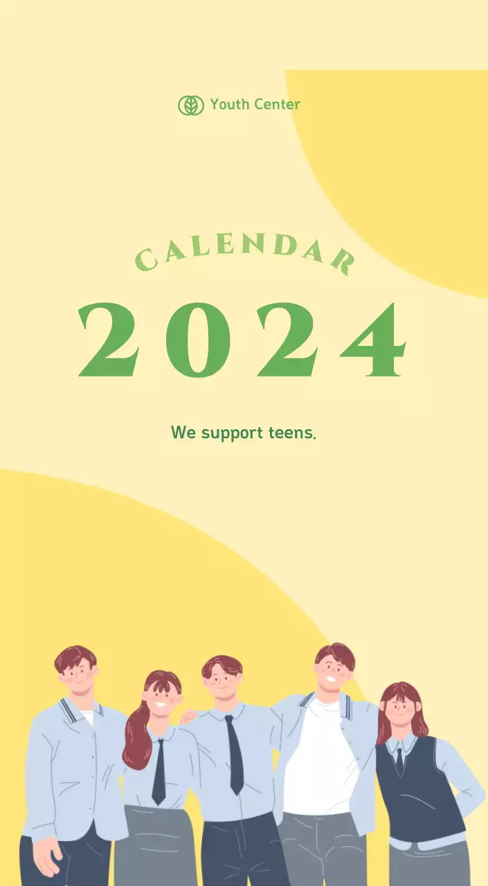 Calendar with youth illustrations on a yellow and green background