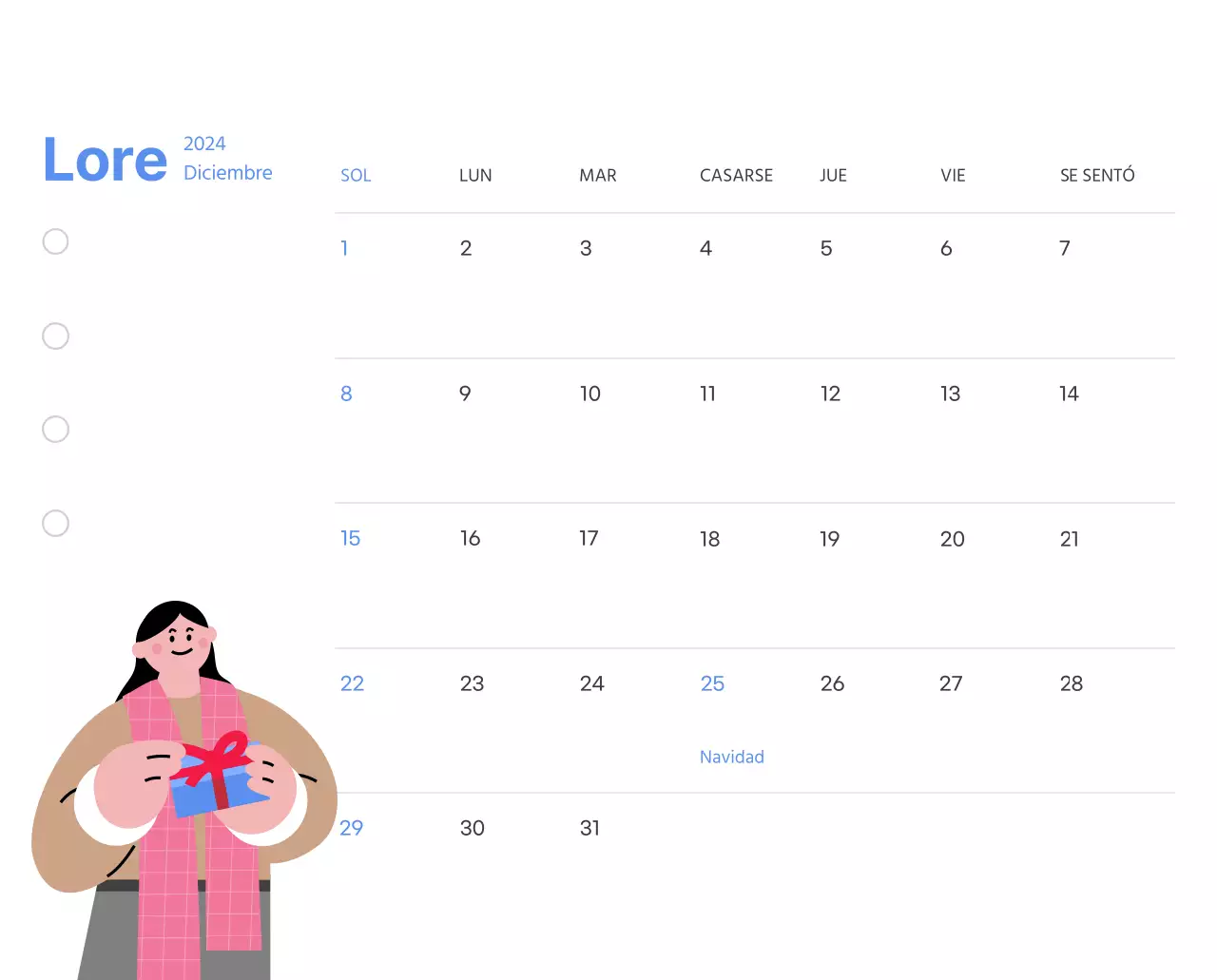 Calendario motivacional con ilustraciones llenas de energía y citas positivas sobre fondo azul claro