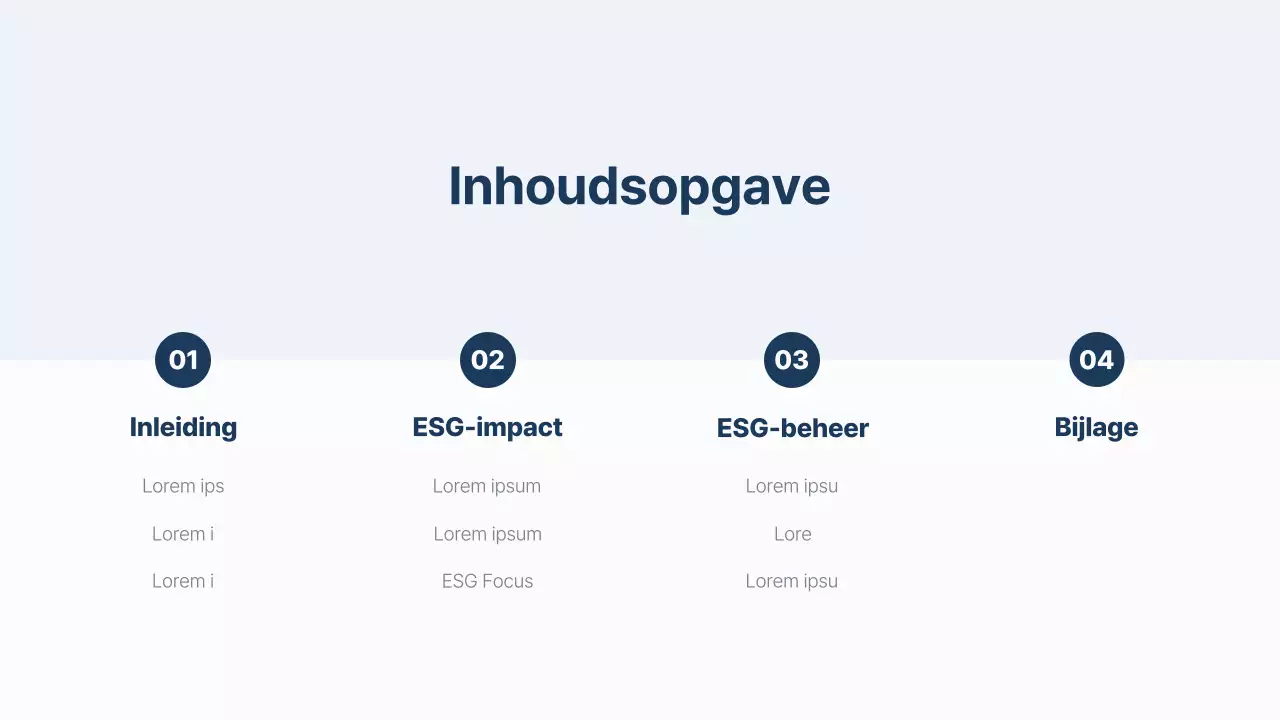 Een eenvoudig ESG-rapport in marineblauw en lichtblauw