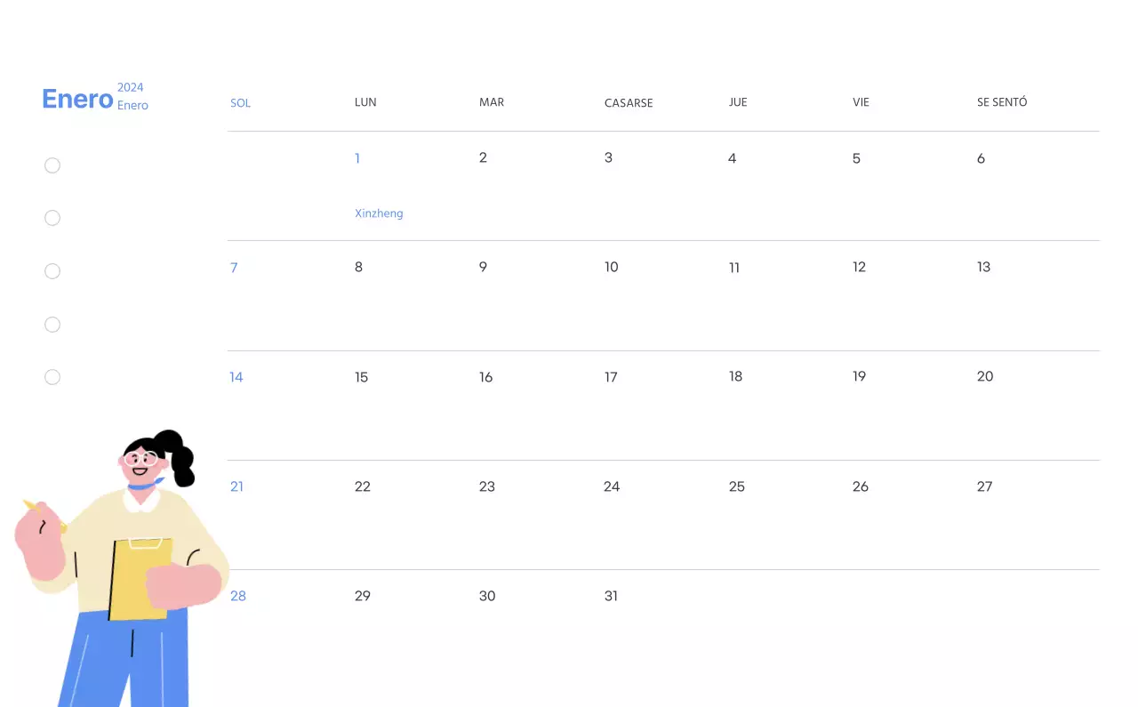 Calendario motivacional con ilustraciones llenas de energía y citas positivas sobre fondo azul claro
