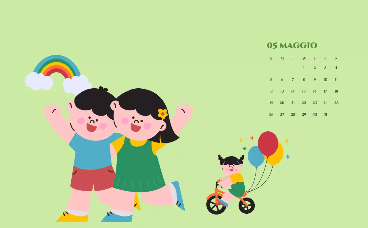 Calendario con illustrazioni giovanili su sfondo giallo e verde