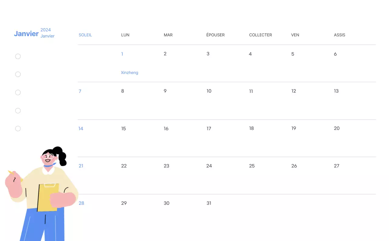 Calendrier de motivation avec des illustrations énergiques et des citations positives sur un fond bleu clair