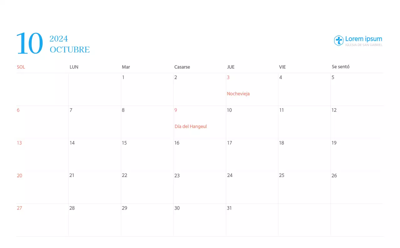 Calendario eclesiástico azul de concepto moderno