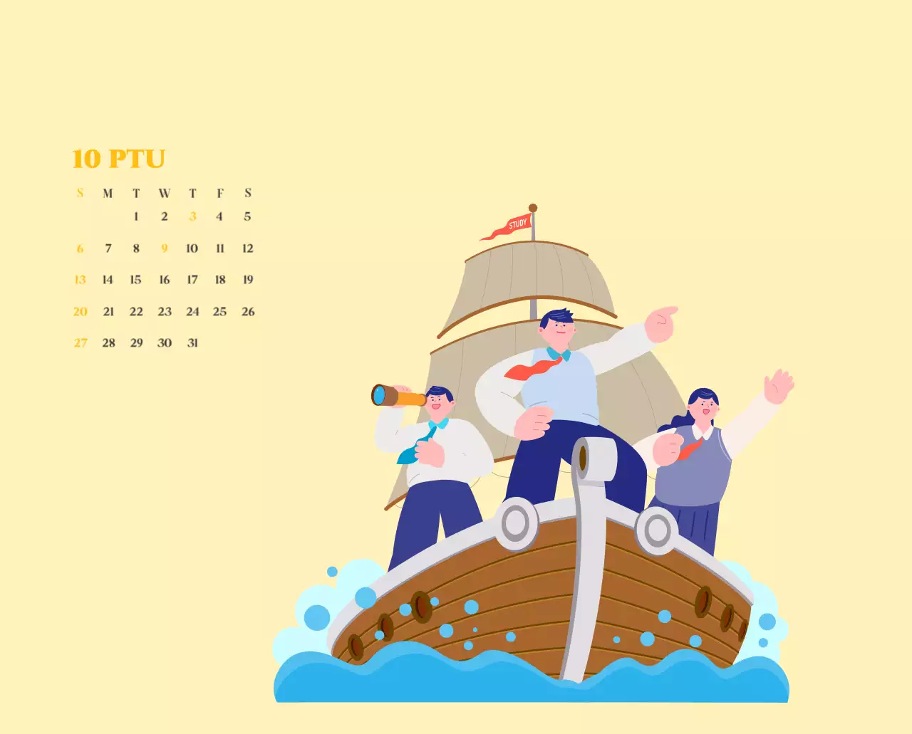 Calendario con ilustraciones juveniles sobre fondo amarillo y verde